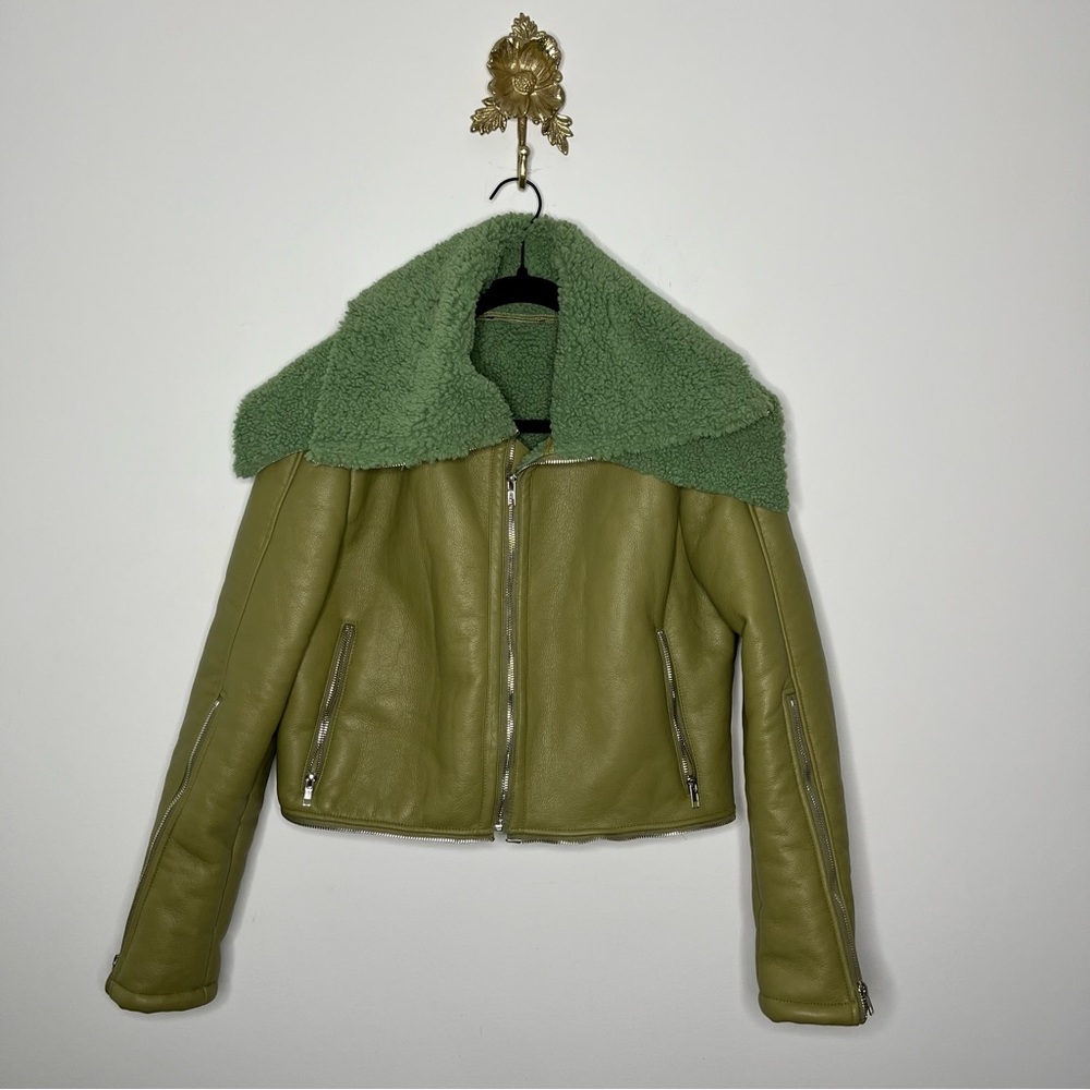 Olive Green Sherpa Collar Faux Leather Jacket - Women